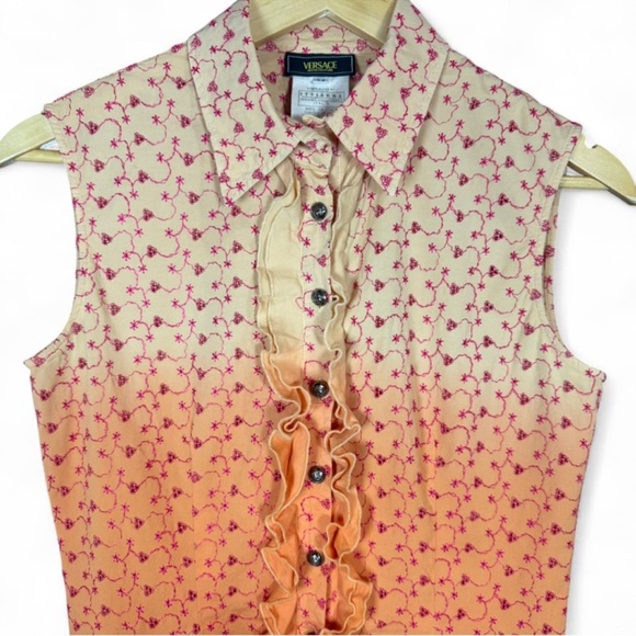 Versace Jeans Collection Peach Embroidered Ruffle Button-Down Top - Picture 5 of 11